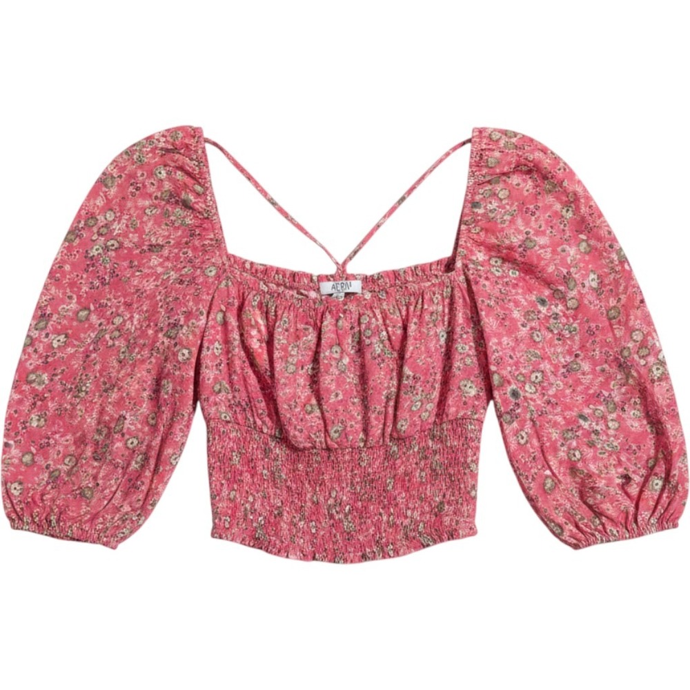 AFRM Floral Crop Top Women Small Pink Rayon Smocked Puff Sleeve  AET033469